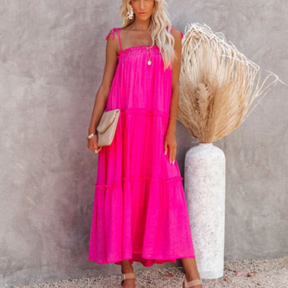 Vici Dresses Vici Catch The Sun Tiered Midi Dress Hot Pink Poshmark